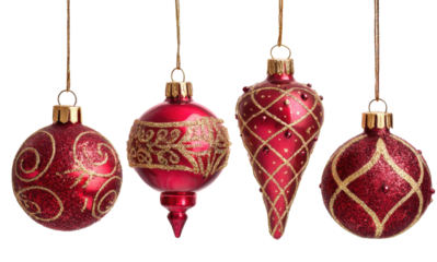 Red Christmas tree decorations isolated on a white background, featuring four different types of Christmas ornaments
