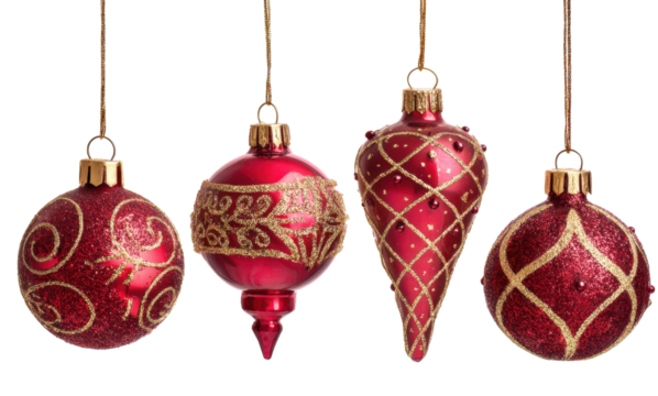 Red Christmas tree decorations isolated on a white background, featuring four different types of Christmas ornaments