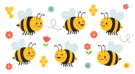 Fototapeta premium Cute cartoon bees flying amongst flowers and honeycombs for a whimsical springtime scene
