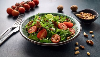 salad with tomatoes herbs and nuts served on a table