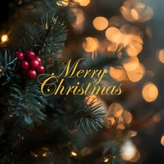 Festive Pine Branch with Berries and "Merry Christmas" Text