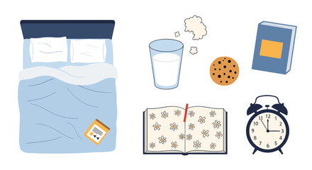 Preparing for sleep enjoying a relaxing evening routine with a cozy bed a sweet treat a good book and gentle reminders for restful slumber