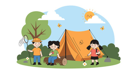 Three children enjoying a camping trip outdoors experiencing nature and adventure together