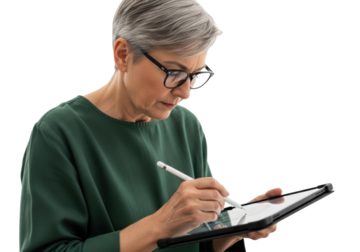Senior in green tunic, spectacles, intensely sketching on matte black tablet with stylus, against transparent studio background, copy space, serene digital artistry