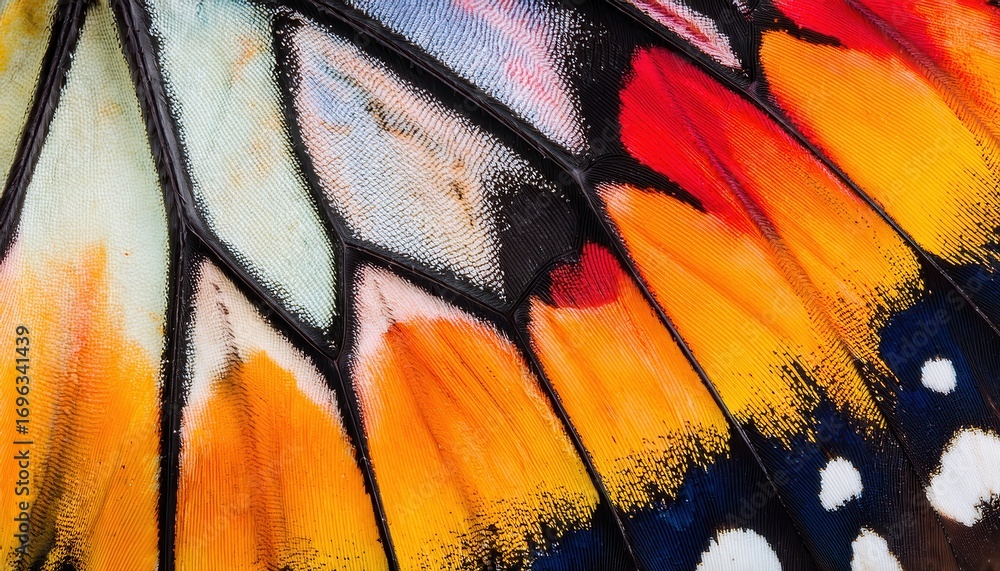 Aufkleber vivid butterfly wing macro with orange red and yellow scales creating abstract natural texture for w
