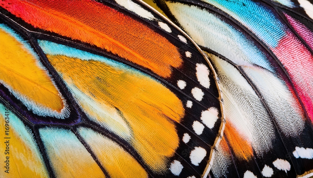 Poster vivid butterfly wing macro with orange red and yellow scales creating abstract natural texture for w