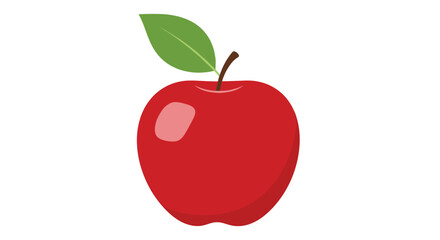 A bright red apple with a single green leaf and stem on a white background