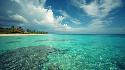 Fototapeta premium Pristine turquoise water laps a sandy beach beneath a vibrant sky filled with fluffy white clouds.