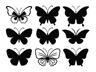 Elegant collection of butterfly silhouettes and line art designs. A versatile set of nine isolated insect graphics for creative projects