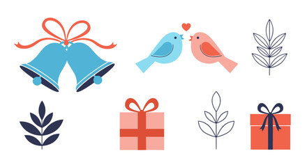 A beautiful collection of wedding themed illustrations featuring love birds bells gifts and decorative leaves for celebrations and invitations