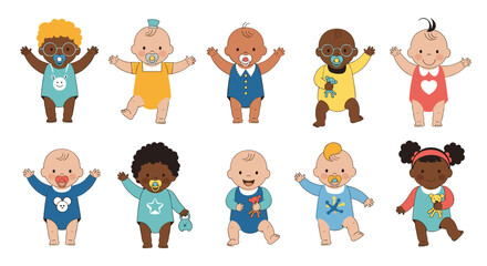 A diverse collection of adorable babies expressing joy and excitement in playful poses