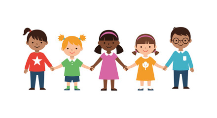 Fototapeta premium A diverse group of happy children holding hands together in a line smiling brightly showing unity and friendship