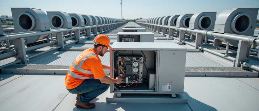 Technician in orange safety vest and hard hat works on HVAC unit on rooftop, ensuring optimal performance and maintenance