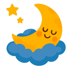 Cartoon Moon Sleeping on Cloud with Stars