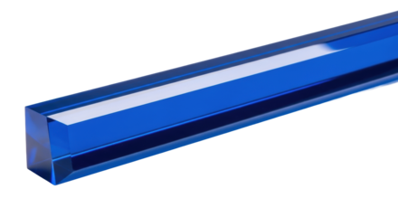 Vibrant electric blue, polished acrylic strip with sharp beveled edges, glossy, reflecting light, on seamless transparent background with copy space, abstract design concept.