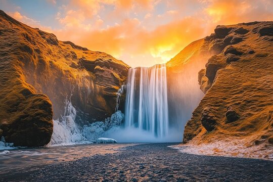 Majestic waterfall cascades down mossy cliffs at sunset, creating a breathtaking scene. - Powered by Adobe