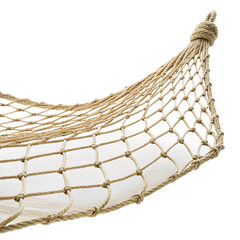 Handmade rope hammock for outdoor relaxation and backyard leisure in natural beige color closeup