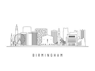 Detailed Birmingham skyline vector illustration. Birmingham buildings in line art style, perfect for modern designs.