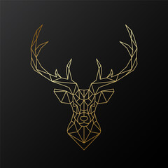 Geometric deer head in golden lines on black, minimalist design with polygonal style.