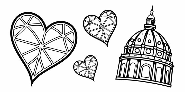 Geometric Hearts and Architectural Dome Illustration.