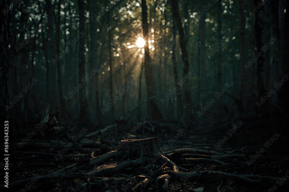 Poster sunlight filtering through dense mangrove shadows with blurred tree trunks and roots in the foregrou
