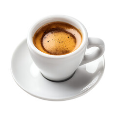 A rich dark espresso fills a petite white cup resting on a pristine saucer against a contrasting transparent background