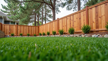 Fototapeta premium Lush green lawn with wooden fence, decorative stones, and small shrubs creates serene outdoor space