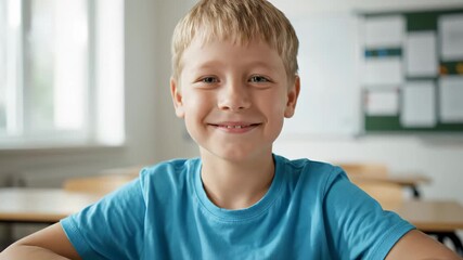 Happy boy smiles in classroom at desk showing successful education this cute student is ready to learn this is a great elementary school portrait this is a smart kid this is school - Powered by Adobe