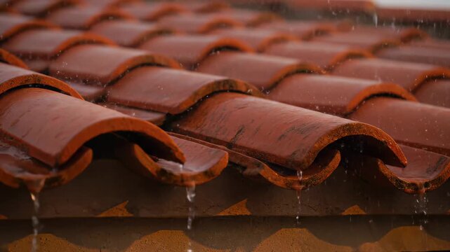 Rainwater drips from wet red roof tiles during storm showing dramatic weather this is a very moody and atmospheric building detail this is a great closeup of a rainy day