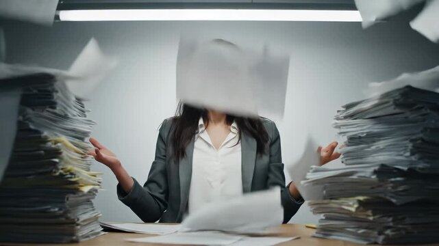 Stressed businesswoman throws papers at messy desk showing burnout problem this angry employee is overworked this is a very difficult deadline this is a funny office situation