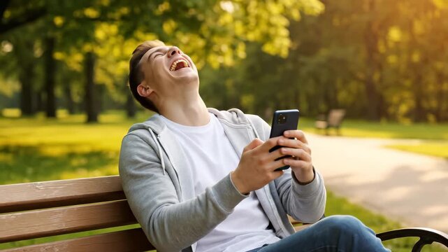 Happy young man laughs at phone on park bench showing funny online content this joyful person is having a great time outdoors this is a very positive summer moment this is fun