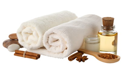 Spa essentials with towels, oils, spices, and aromatherapy for relaxation and rejuvenation at home
