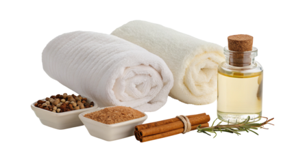 Relaxing spa essentials with towels spices and oil for ultimate aroma therapy relaxation ritual