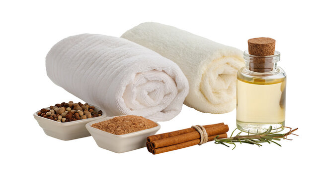 Relaxing spa essentials with towels spices and oil for ultimate aroma therapy relaxation ritual