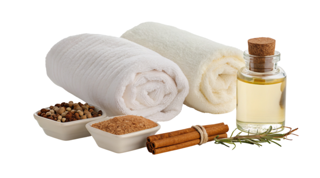 Relaxing spa essentials with towels spices and oil for ultimate aroma therapy relaxation ritual