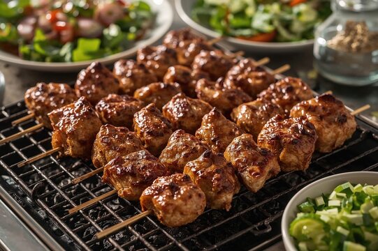 Barbecued skewers and sizzling meat served with fresh green salad