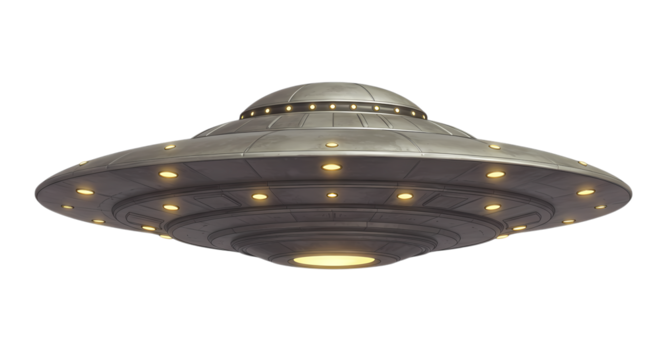 Digital Rendering of a Classic Flying Saucer isolated on transparent background