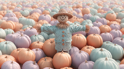 Obraz premium Scarecrow in a field of pumpkins