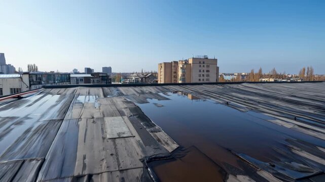 Flat roof with standing water puddles and membrane leak damage worker orange vest inspects rooftop waterproofing after rain, urban buildings visible, ponding water requiring repair and safety measures