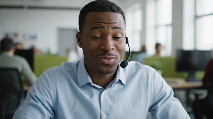 Stressed call center agent works in busy office showing customer service problem this pensive black man is listening carefully this is a very important technical support call