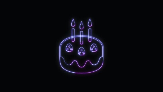  Birthday Cake Icon Neon Seamless Loop 4K with Black Background Animated Promotional Typography for Video Editing