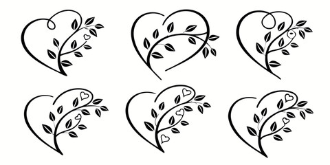 Heart Shaped Floral Branch Vector Illustrations.