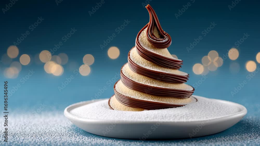 Poster Chocolate cake in the shape of a Christmas tree is sitting on a white plate. The cake is topped with chocolate frosting and is surrounded by a layer of powdered sugar. The image conveys a festive