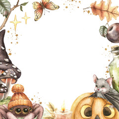 Watercolor Halloween frame with cute spider in knitted hat, bat on pumpkin, autumn leaves, fly agaric, butterfly, golden splashes, stars, esoteric elements. Hand drawn illustration isolated on white.