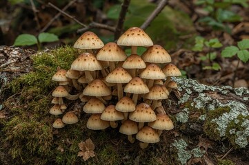 A cluster of tasty oyster mushrooms growing on a fallen log covered with moss and lichens in the forest.
