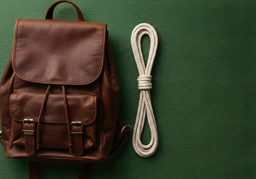 Leather backpack and rope on green surface concept