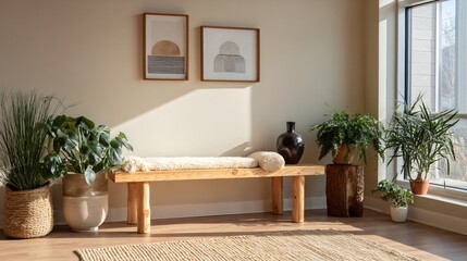 Fototapeta premium Serene minimalist indoor meditation space featuring a wooden bench and lush green houseplants.