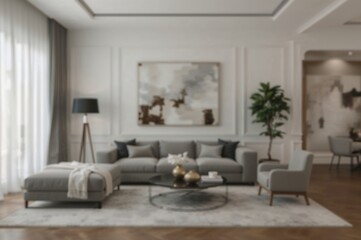 Out-of-focus backdrop showcasing a chic, modern lounge area with a uniquely shaped gray couch, sophisticated decorations, and a sleek style, ideal for home design inspiration.