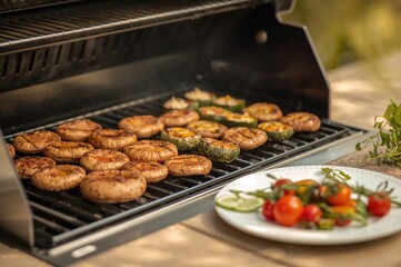 Charred mushrooms and assorted veggies cooked on a barbecue, nutritious evening meal