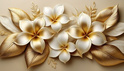 golden and white plumeria flowers with gold stucco leaves on an embossed beige background elegant 3 d floral design